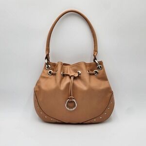 Furla Hobo Shoulder Bag Tan Soft Smooth Leather Drawstring Studded Authentic